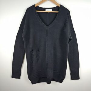 John + Jenn Anthropologie Black Sweater Oversized Deep V-Neck Distressed Grunge